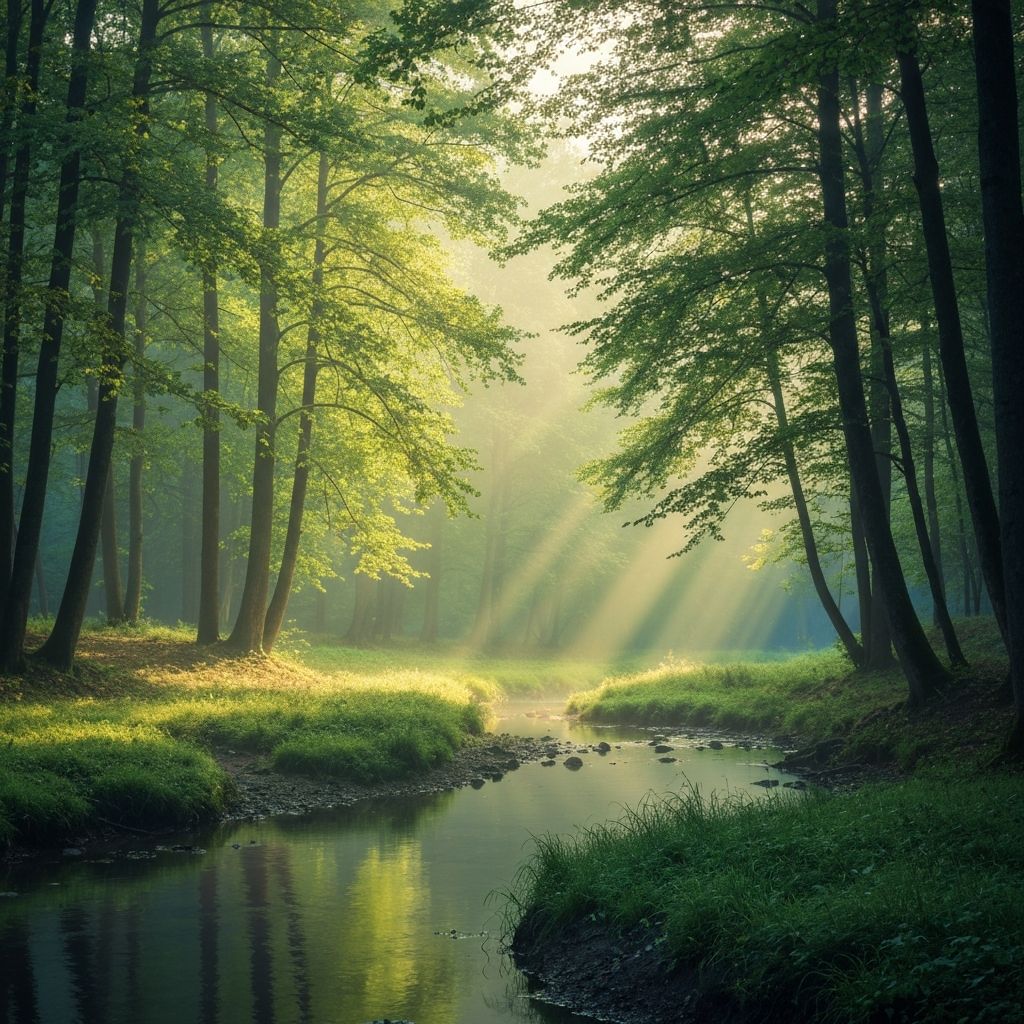 Serene background for Bible Your Mood Serene nature landscape with soft light rays for spiritual reflection